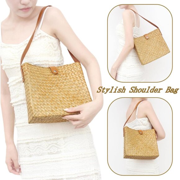 Yellow Straw Beach Tote Bag for Women, Natural Woven Handbag Small Summer Purse - Picture 5 of 7
